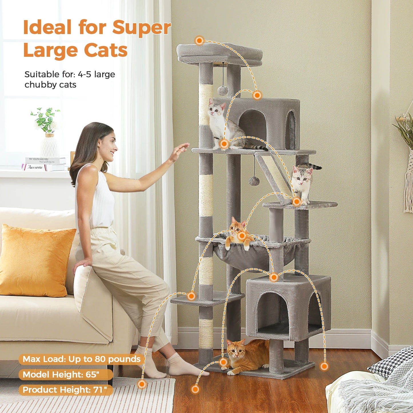 Cat Tree for Large Cats, Tall Cat Tower for Indoor Cats Multi-level Cat House Furniture with 2 Big Condo Pad Bed Scratching Post