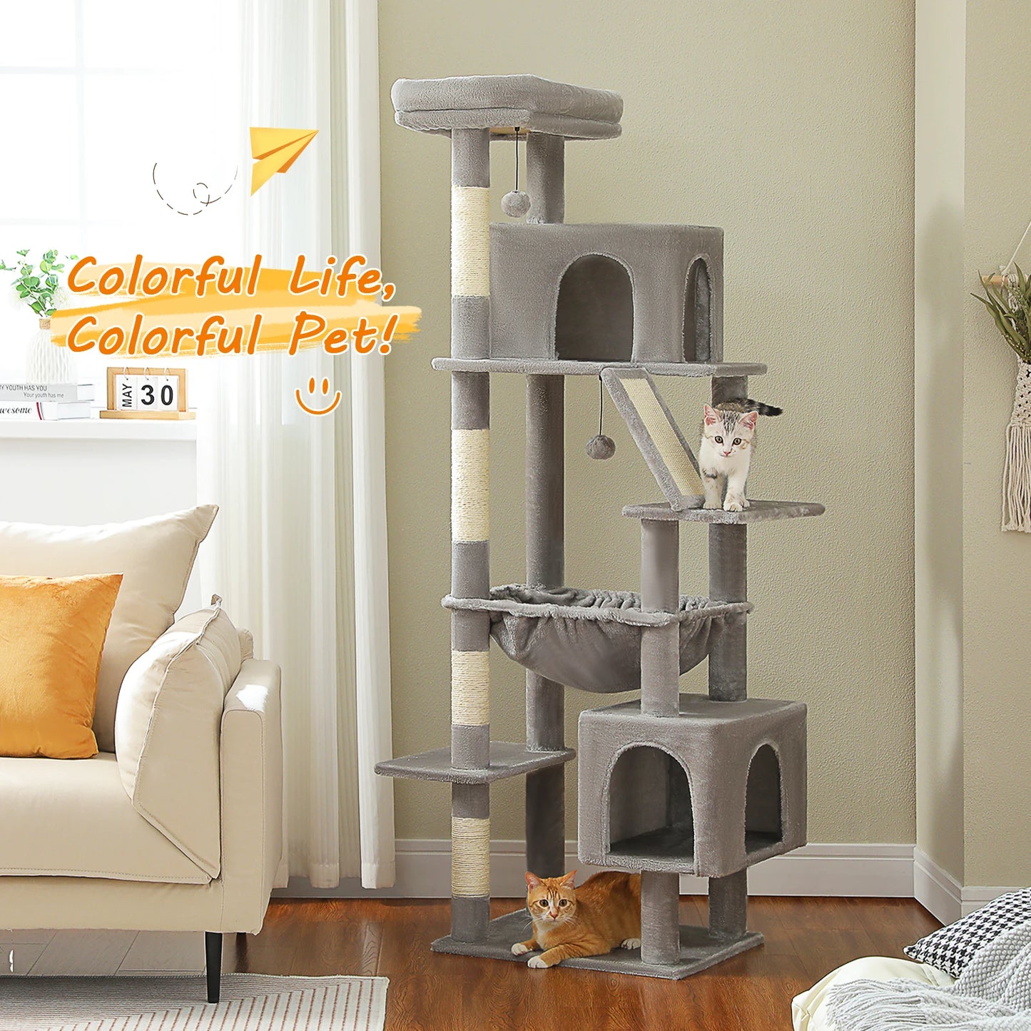 Cat Tree for Large Cats, Tall Cat Tower for Indoor Cats Multi-level Cat House Furniture with 2 Big Condo Pad Bed Scratching Post