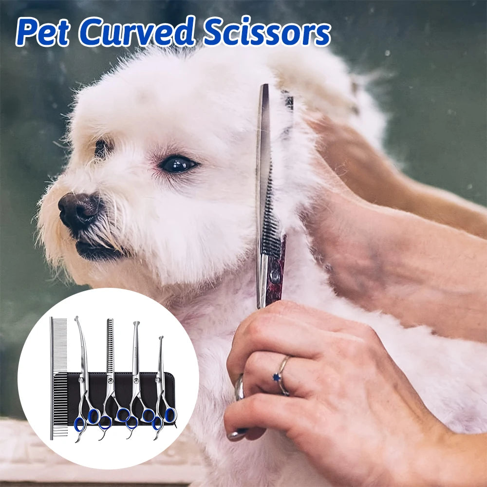 Professional Dog Grooming Scissors Set 7 in 1 Stainless Steel Pet Clippers With Ceramic Coating Ergonomic Handle Safe Round Tips Storage Case