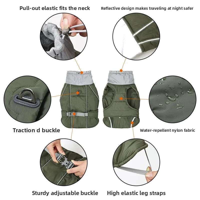 Winter Waterproof Dog Jacket with Reflective Strips, Thick Warm Coat for Pets, Adjustable with D-Ring, S-3XL