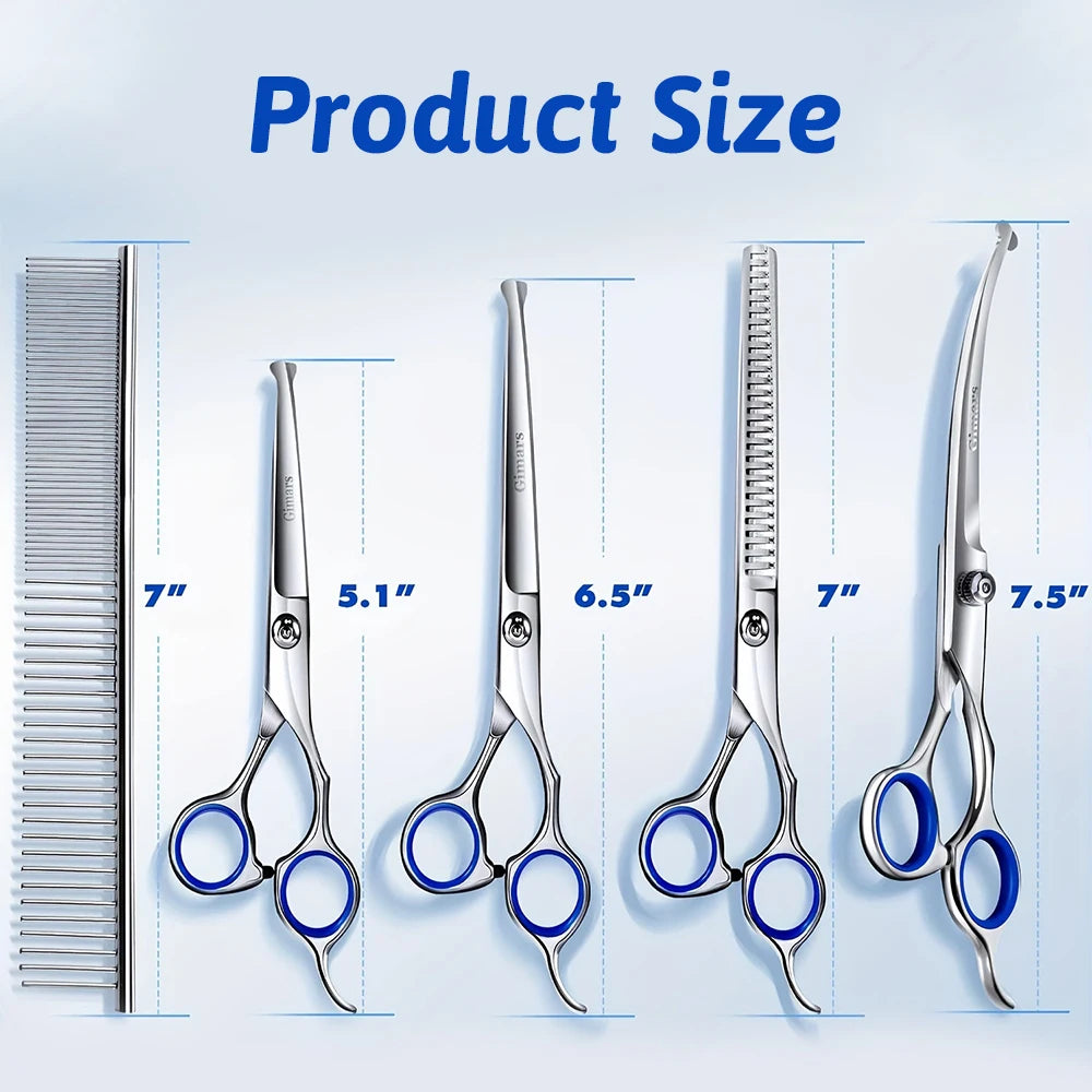 Professional Dog Grooming Scissors Set 7 in 1 Stainless Steel Pet Clippers With Ceramic Coating Ergonomic Handle Safe Round Tips Storage Case