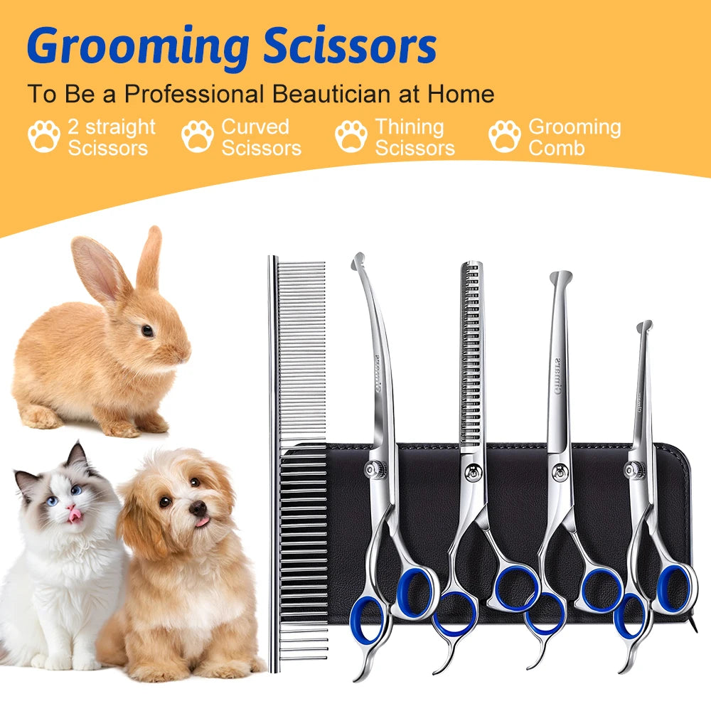 Professional Dog Grooming Scissors Set 7 in 1 Stainless Steel Pet Clippers With Ceramic Coating Ergonomic Handle Safe Round Tips Storage Case