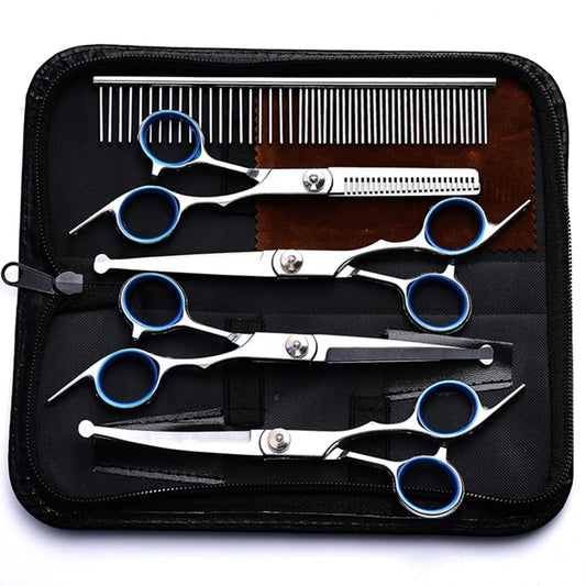 Professional Dog Grooming Scissors Set 7 in 1 Stainless Steel Pet Clippers With Ceramic Coating Ergonomic Handle Safe Round Tips Storage Case