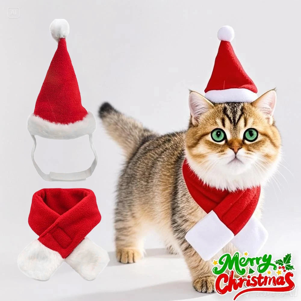 Christmas Pet Costume Set Adjustable Santa Hat Scarf for Small Dogs Cats Puppy Party Photo Props